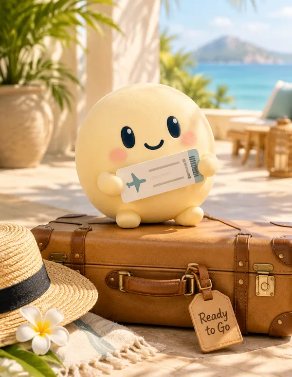Appy sitting on a suitcase holding a boarding pass, with a luggage tag that reads Ready to Go