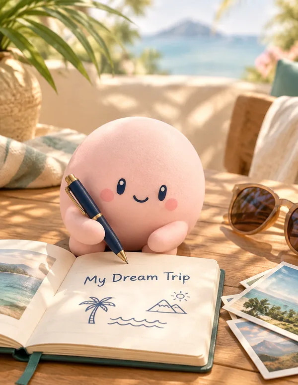 Appy writing in a travel journal open at a page that reads My Dream Trip